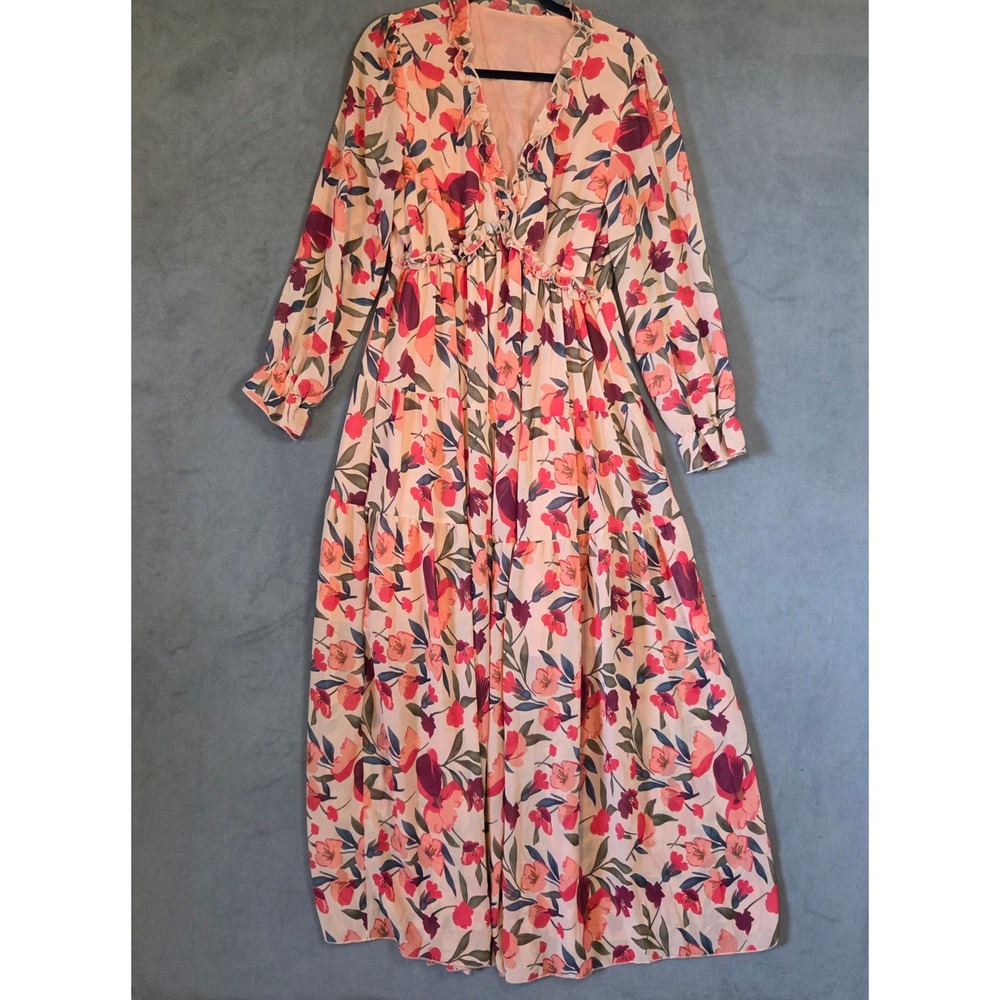 Boho Floral Tiered Ruffle Maxi Dress Women's Medium Cottagecore Flowy Feminine